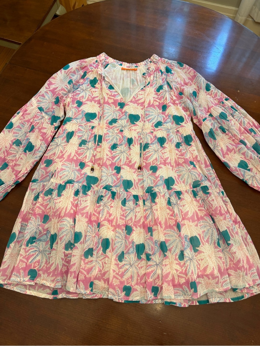 Oliphant Pink/Green Long-Sleeve Floral Palm Tree Cotton Ruffle Mini Dress Size M